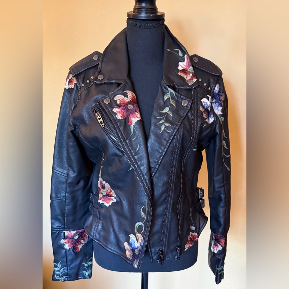 Blank NYC Black Vegan Leather Jacket with Floral Embroidery